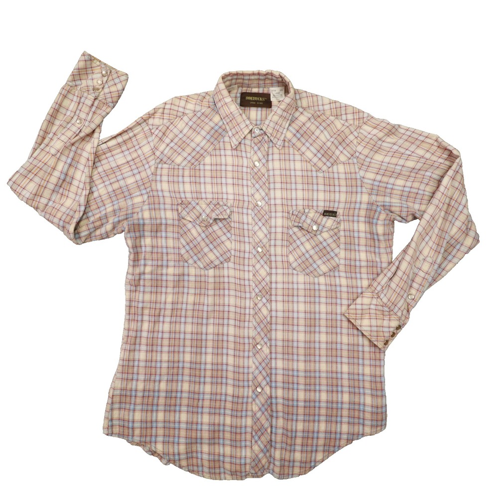 Roebucks Vintage Beige Long Sleeve Pearl Snap Shirt Mens Large Sears Western